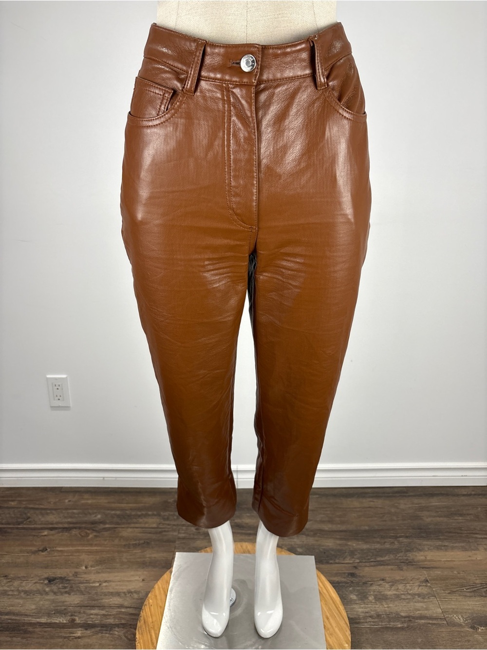 Aritzia Wilfred Vegan Leather Pants Cognac Brown High Rise Straight Leg 4